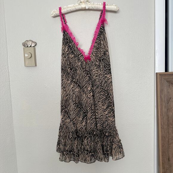 Vintage Y2K Betsey Johnson Chiffon Zebra Print Pink Ruffle Bow Chemise Babydoll - Picture 2 of 8